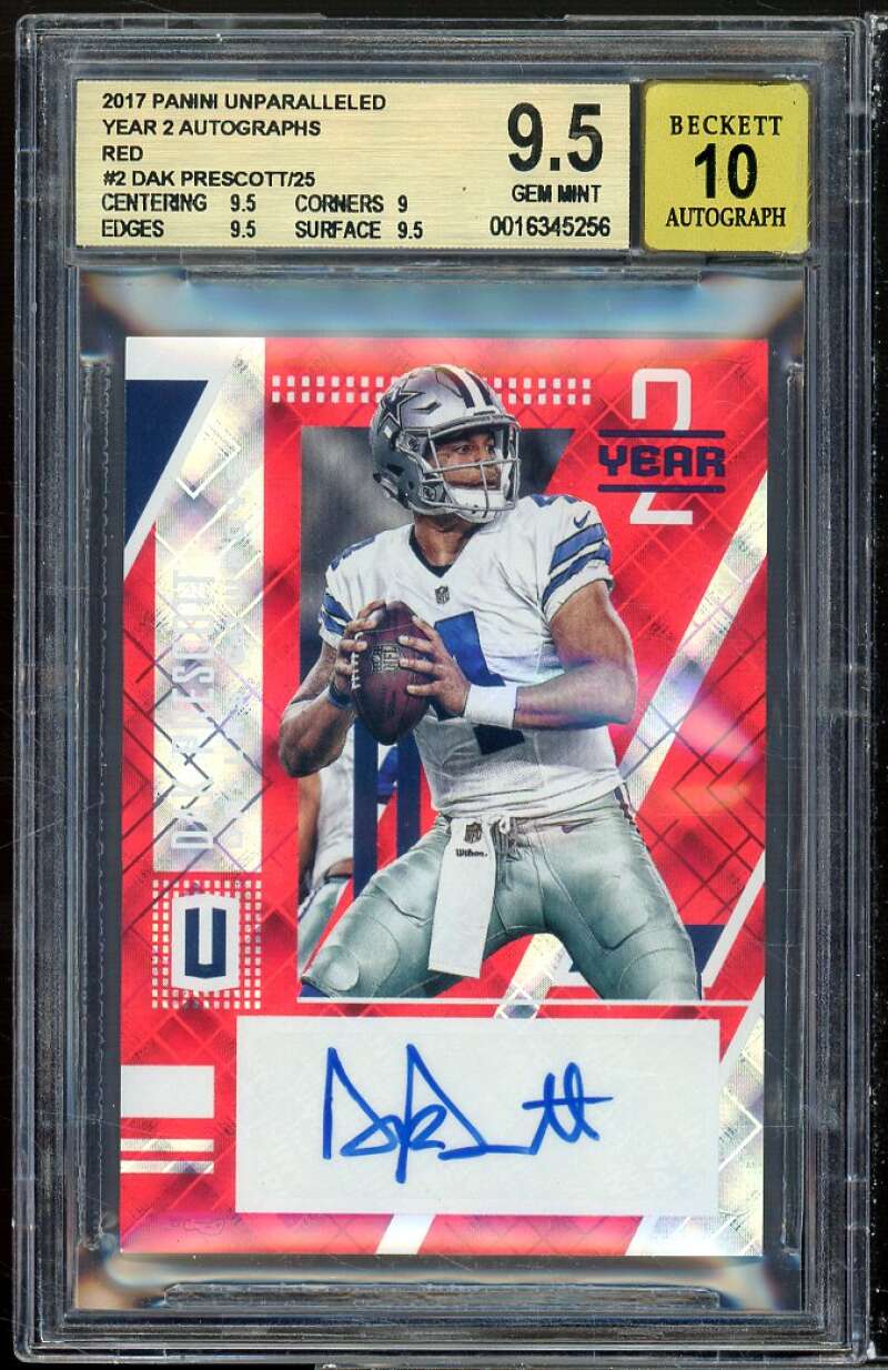 Dak Prescott 2017 Panini Unparalleled Year 2 Autograph Red #2 (#d 16/25) BGS 9.5 Image 1