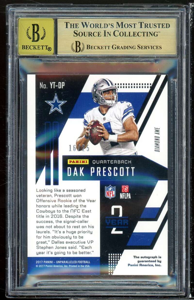 Dak Prescott 2017 Panini Unparalleled Year 2 Autograph Red #2 (#d 16/25) BGS 9.5 Image 2