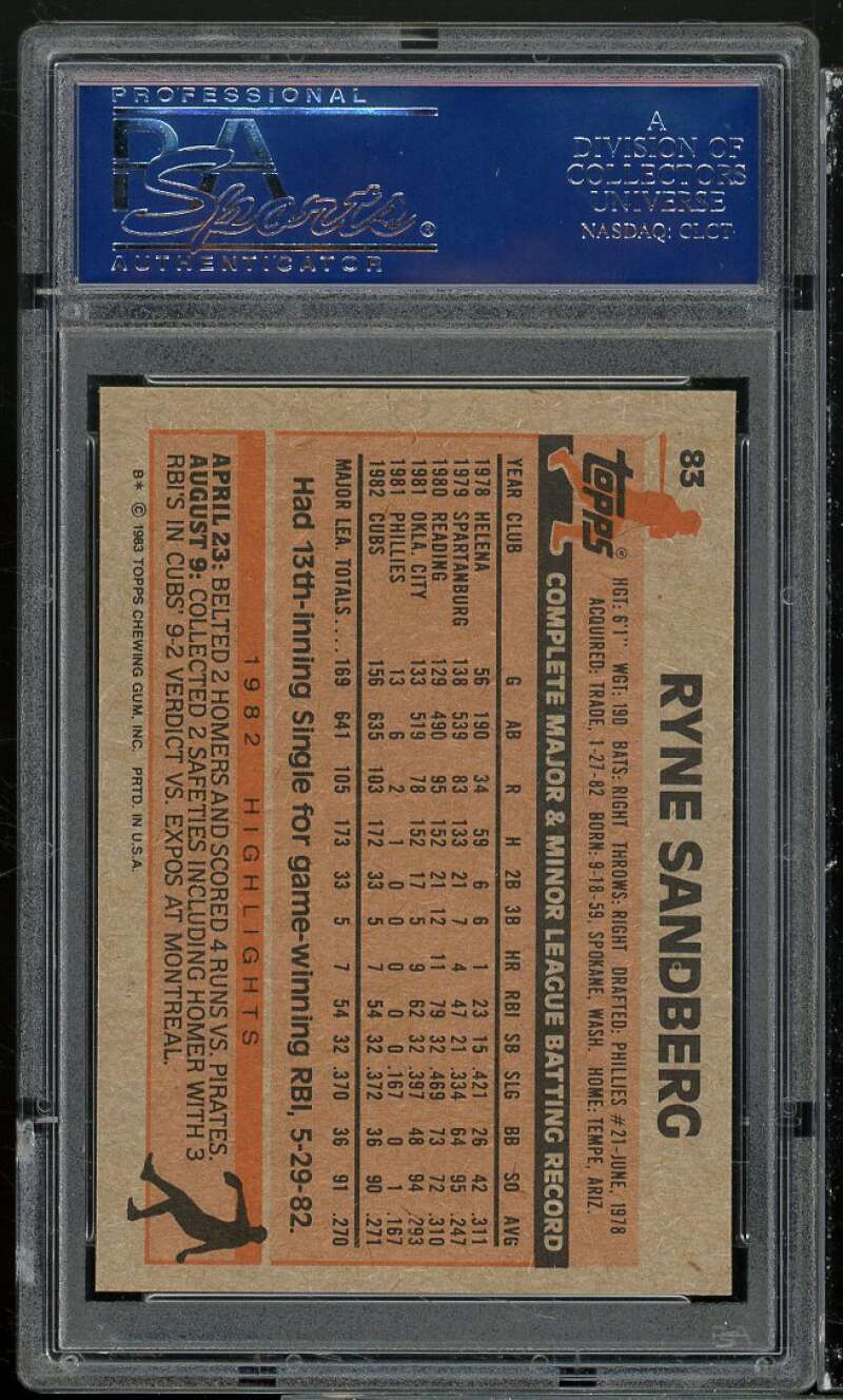 Ryne Sandberg Rookie Card 1983 Topps #83 PSA 9 Image 2