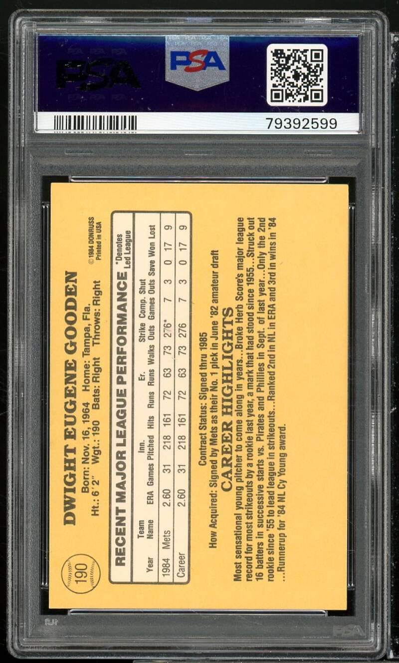 Dwight Gooden Rookie Card 1985 Donruss #190 PSA 9 Image 2