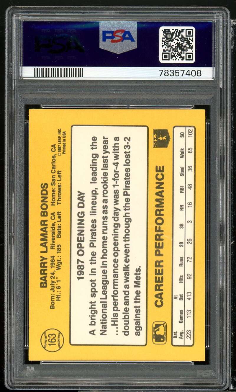 Barry Bonds Rookie Card 1987 Donruss Opening Day #163 PSA 8 Image 2