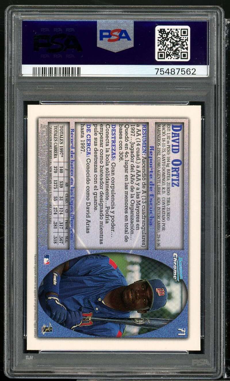 David Ortiz Rookie Card 1998 Bowman Chrome International #71 PSA 10 Image 2