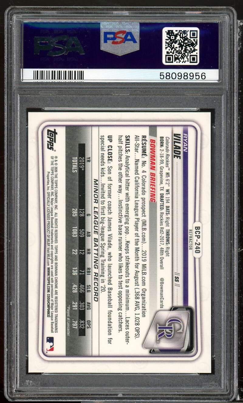 Ryan Vilade Rookie Card 2020 Bowman Chrome Prospects Refractors #BCP240 PSA 10 Image 2