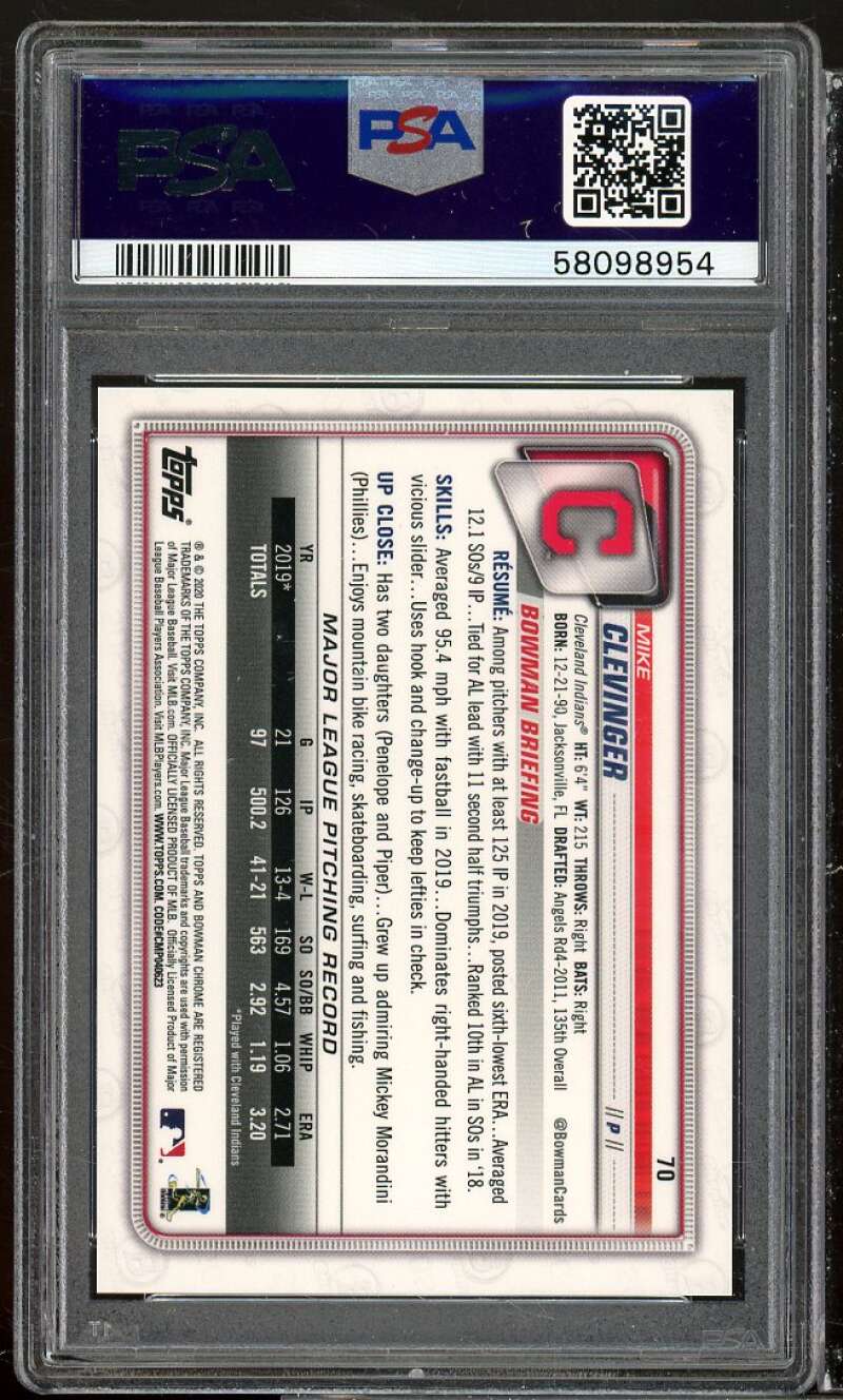 Mike Clevinger Rookie Card 2020 Bowman Chrome Purple Refractor #70 PSA 9 Image 2