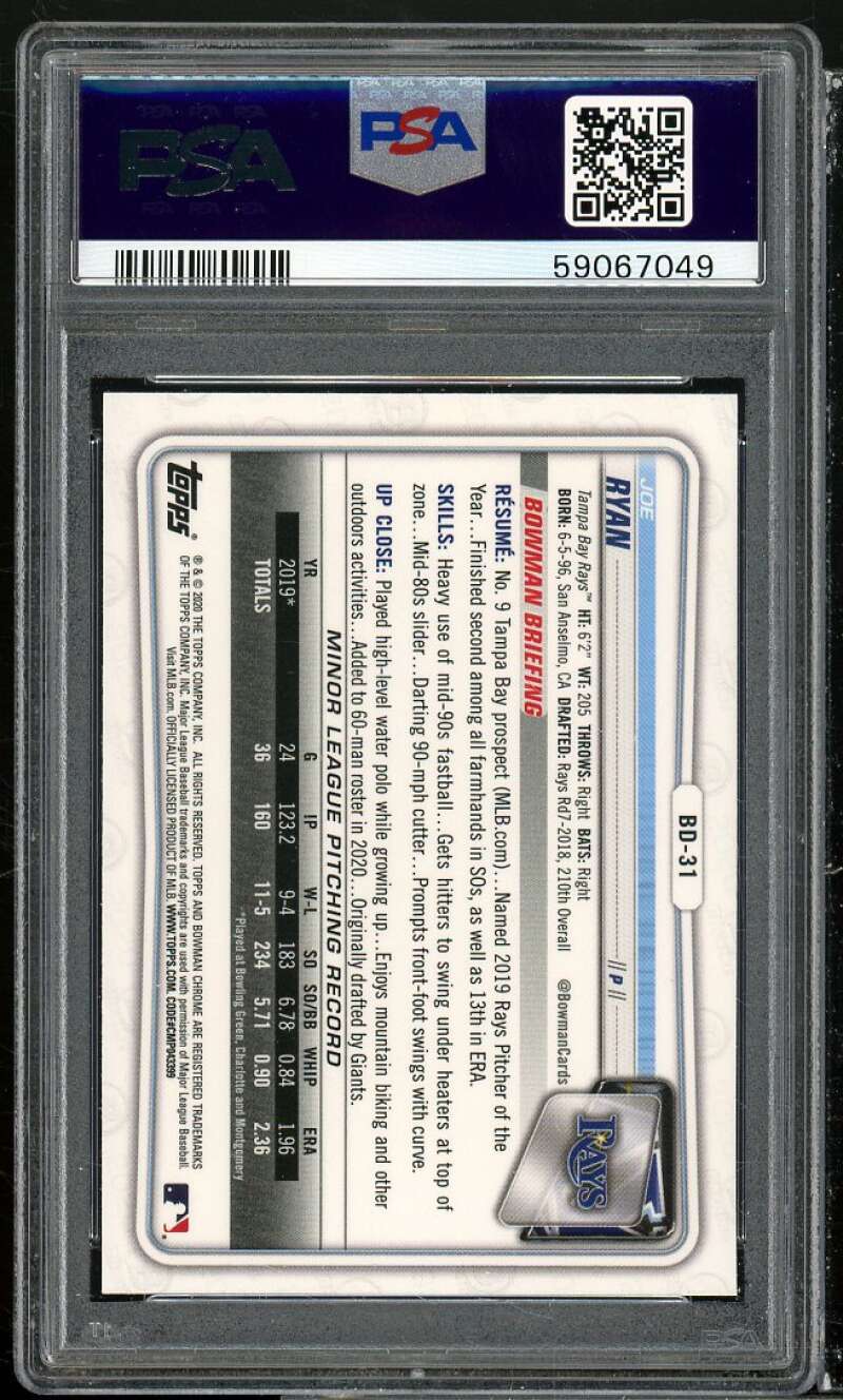 Joe Ryan Rookie Card 2020 Bowman Draft Chrome Sapphire Edition #BD31 PSA 9 Image 2