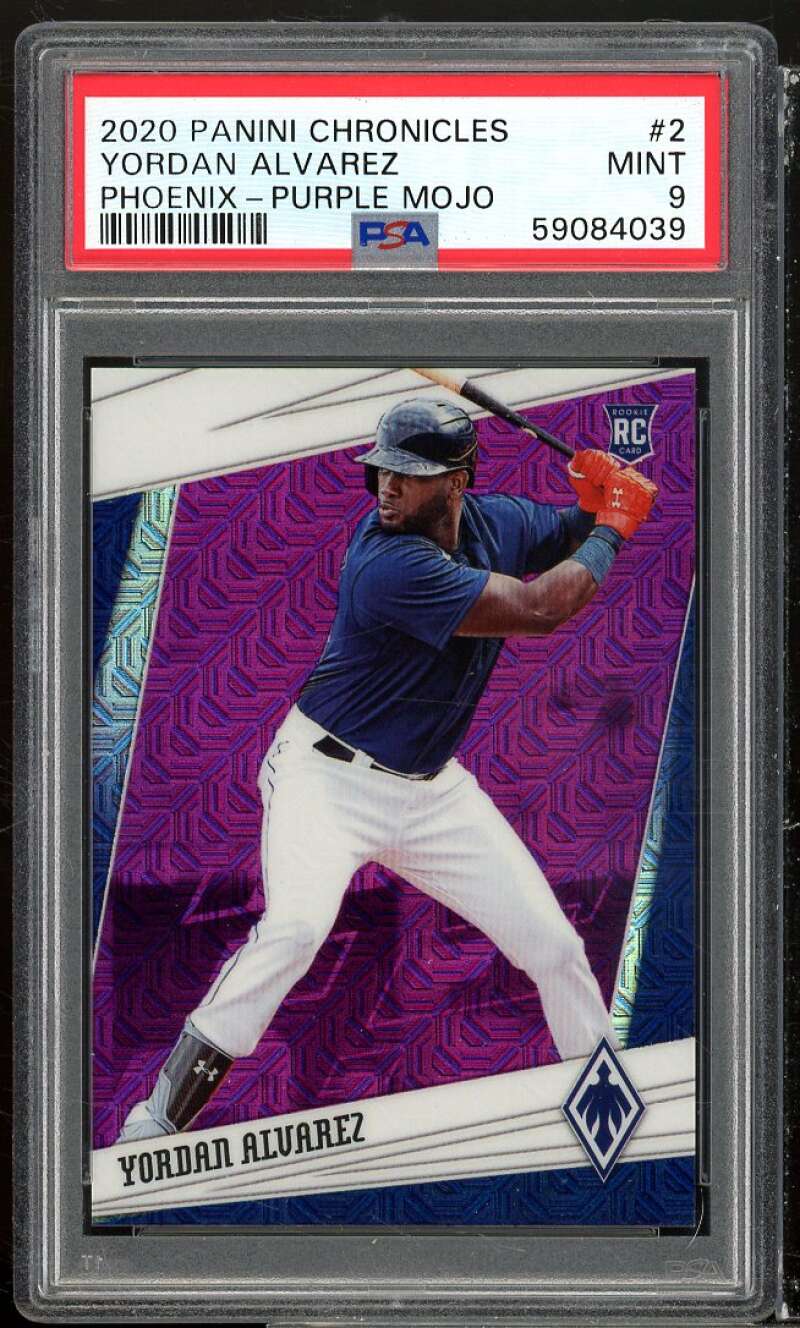 Yordan Alvarez Rookie Card 2020 Panini Chronicles Phoenix Purple Mojo #2 PSA 9 Image 1