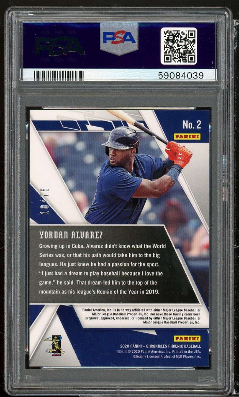 Yordan Alvarez Rookie Card 2020 Panini Chronicles Phoenix Purple Mojo #2 PSA 9 Image 2