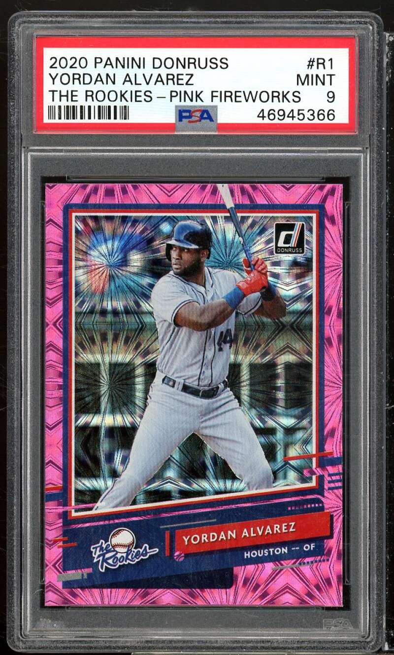 Yordan Alvarez Rookie Card 2020 Donruss The Rookies Pink Fireworks #R1 PSA 9 Image 1