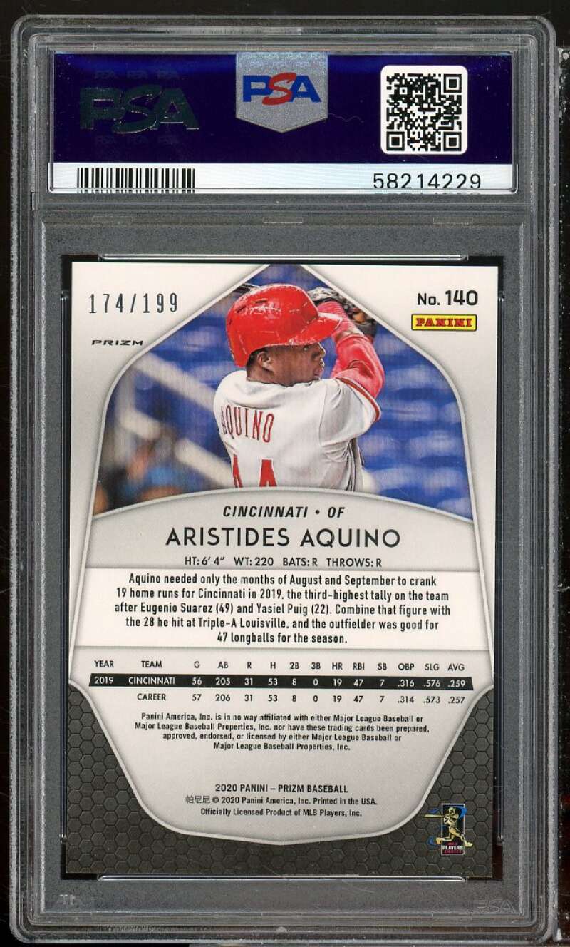 Aristides Aquino Rookie 2020 Panini Prizm Blue Donut Circles Prizms #140 PSA 10 Image 2