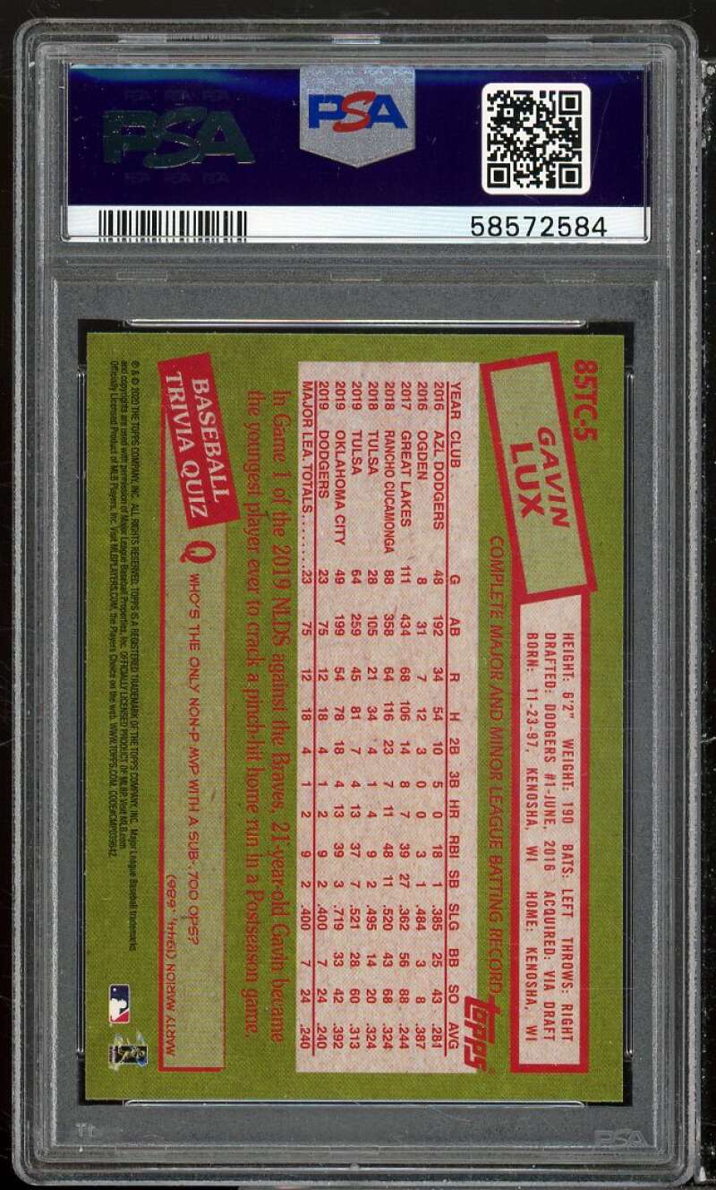 Gavin Lux Rookie Card 2020 Topps Chrome 1985 Topps l #85TC5 PSA 10 Image 2