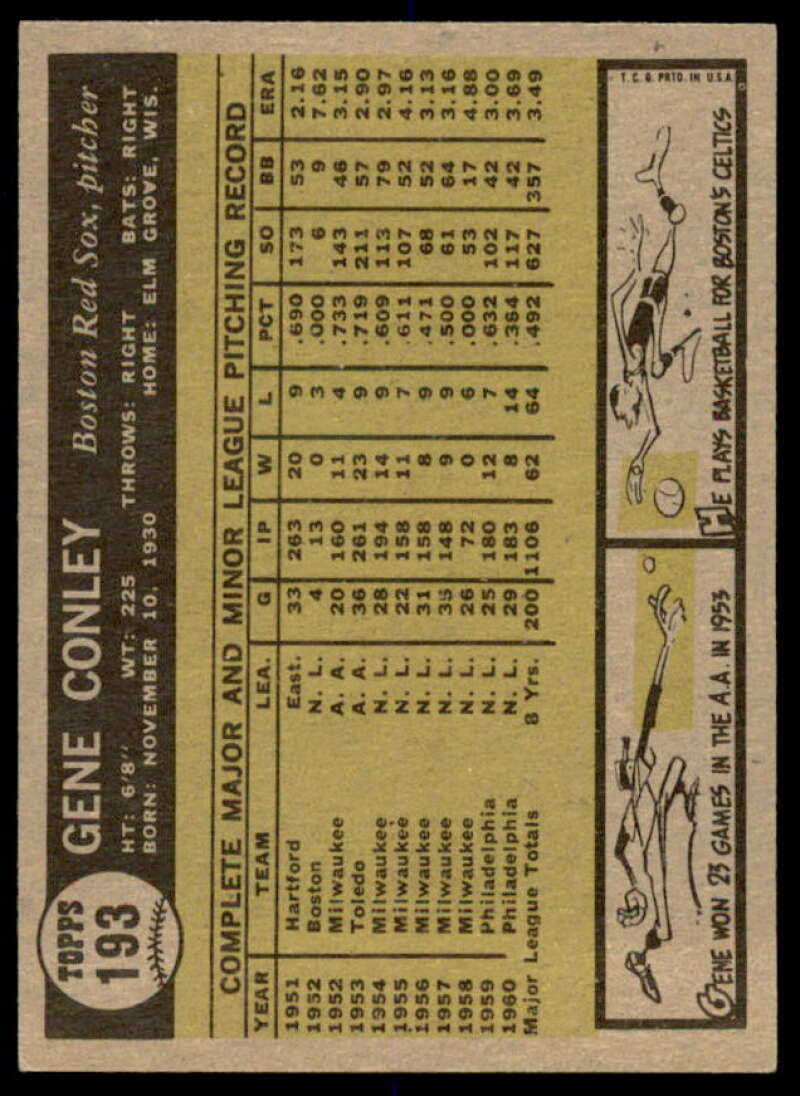 Gene Conley Card 1961 Topps #193  Image 2