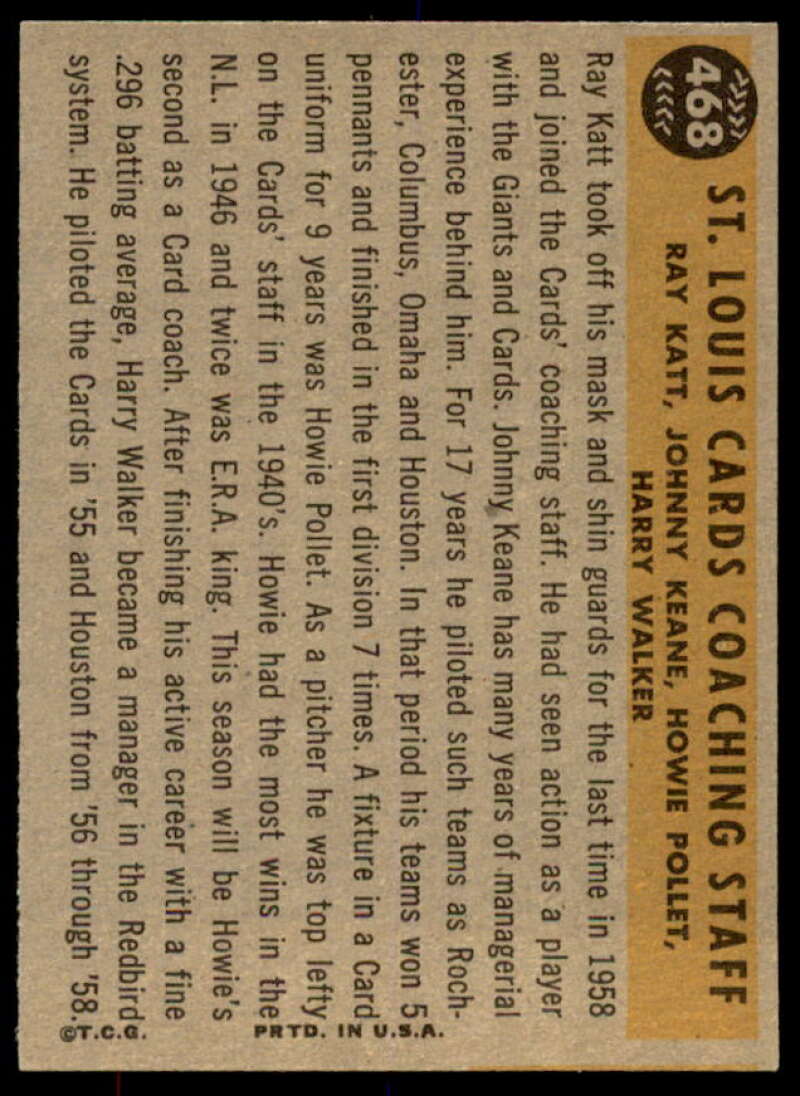 Cardinals Coaches/Johnny Keane/Howie Pollet/Ray Katt/Walker 1960 Topps #468  Image 2