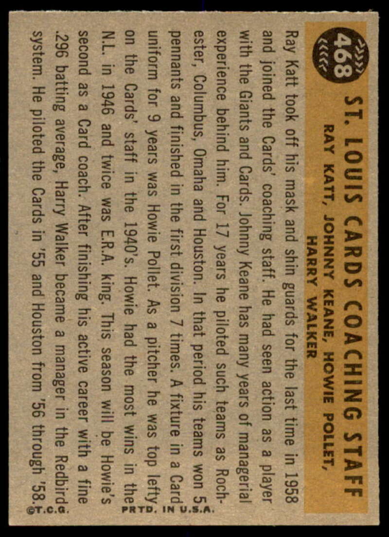 Cardinals Coaches/Johnny Keane/Howie Pollet/Ray Katt/Walker 1960 Topps #468  Image 2