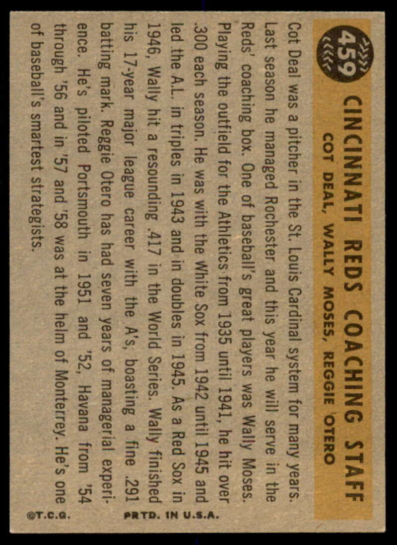 Reds Coaches/Reggie Otero/Cot Deal/Wally Moses Card 1960 Topps #459  Image 2