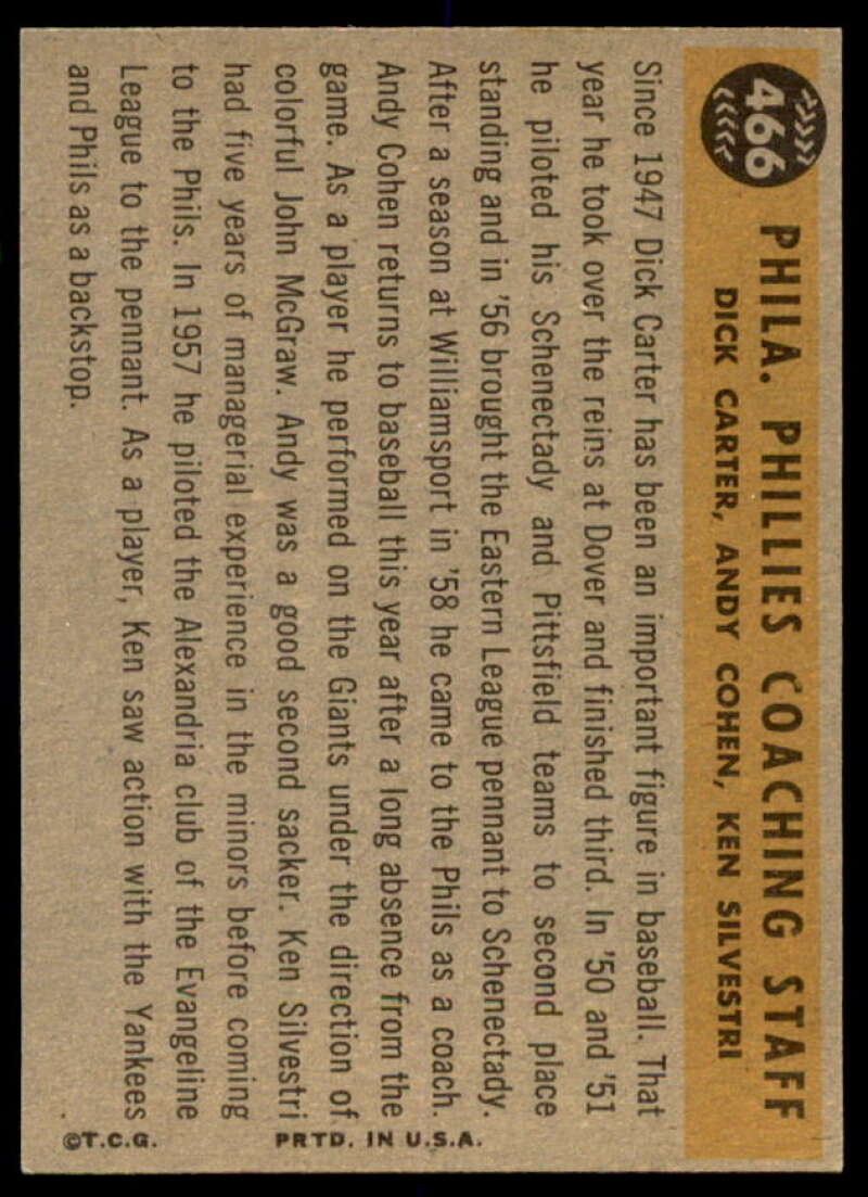 Phillies Coaches/Ken Silvestri/Dick Carter/Andy Cohen Card 1960 Topps #466  Image 2