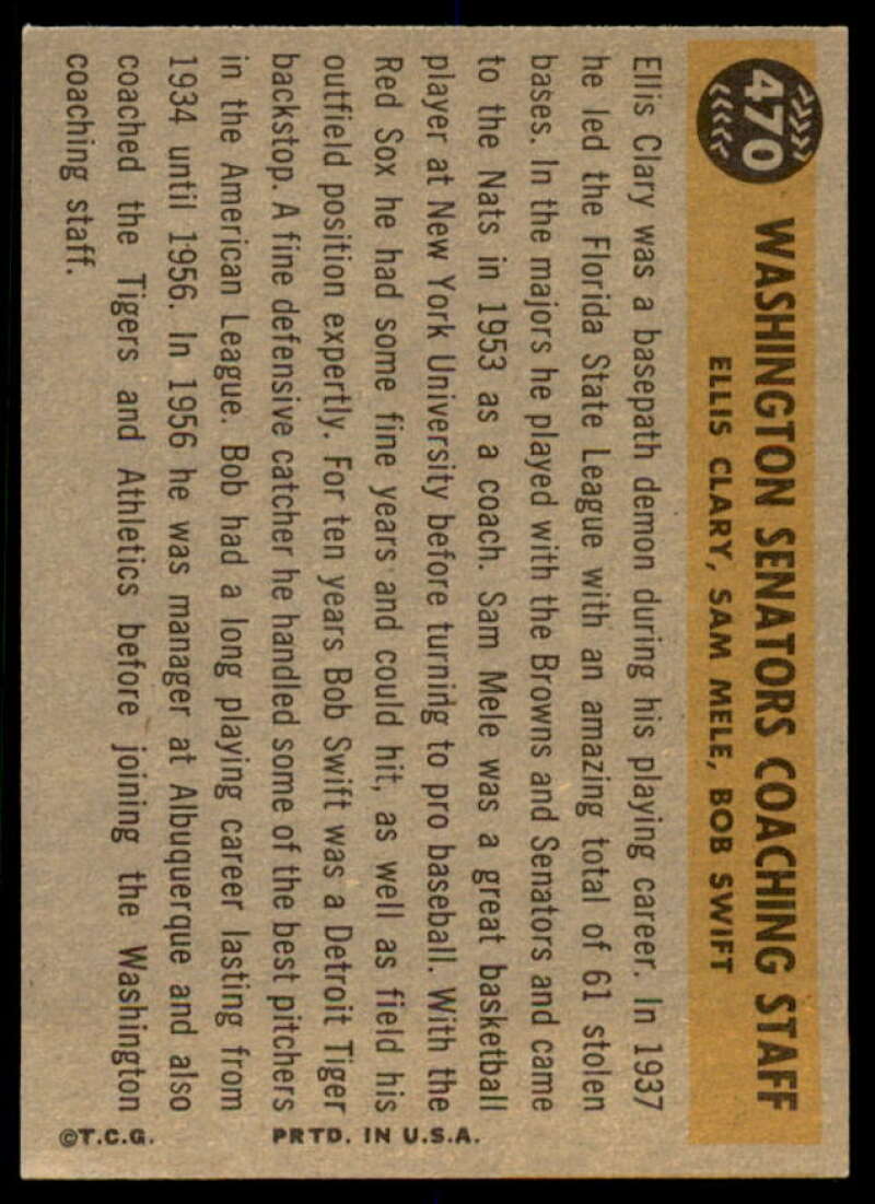 Senators Coaches/Bob Swift/Ellis Clary/Sam Mele Card 1960 Topps #470  Image 2