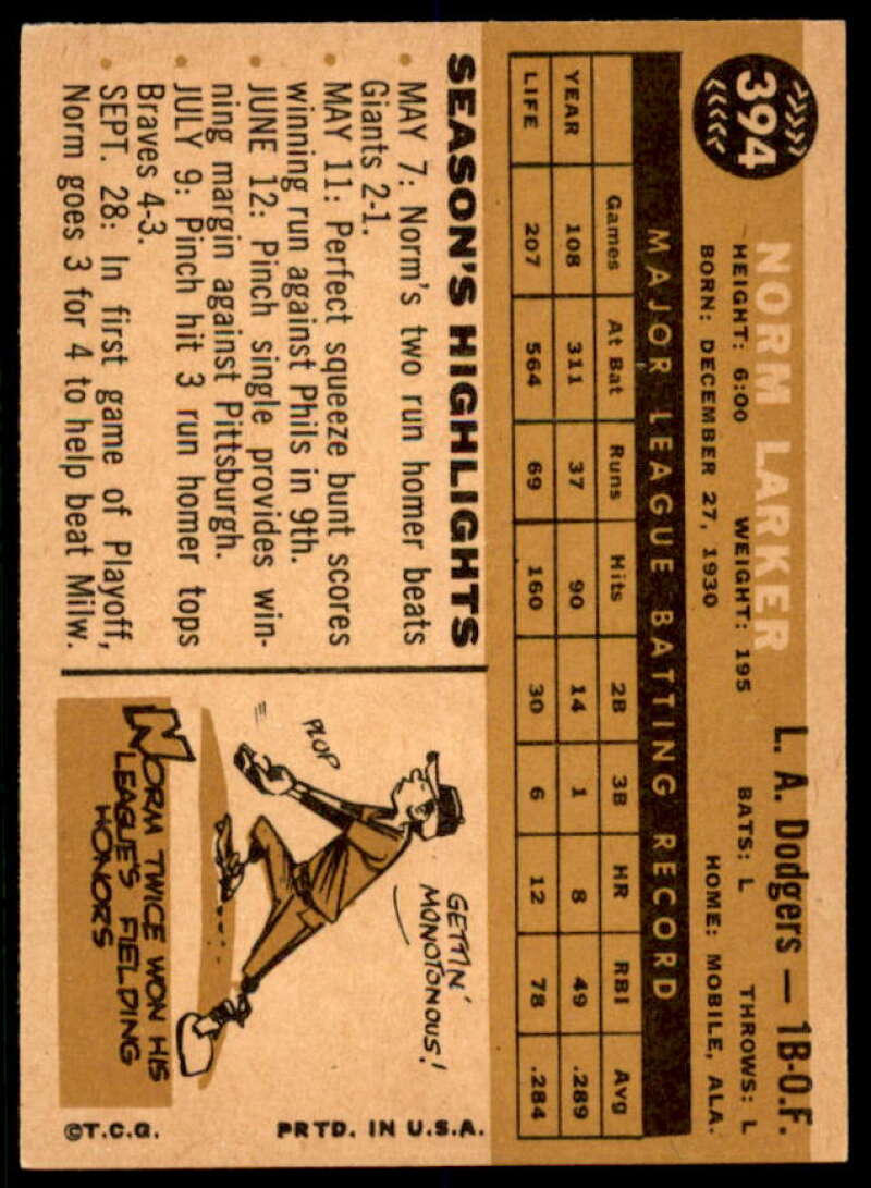 Norm Larker Card 1960 Topps #394  Image 2