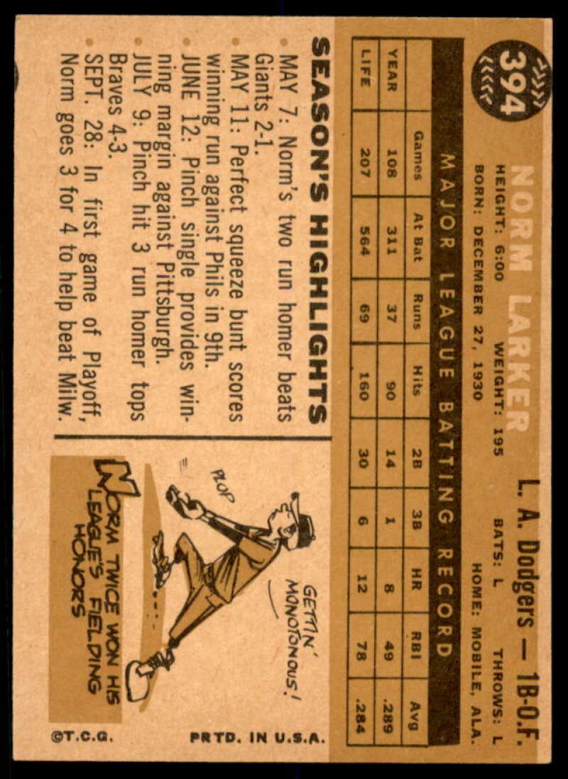 Norm Larker Card 1960 Topps #394  Image 2