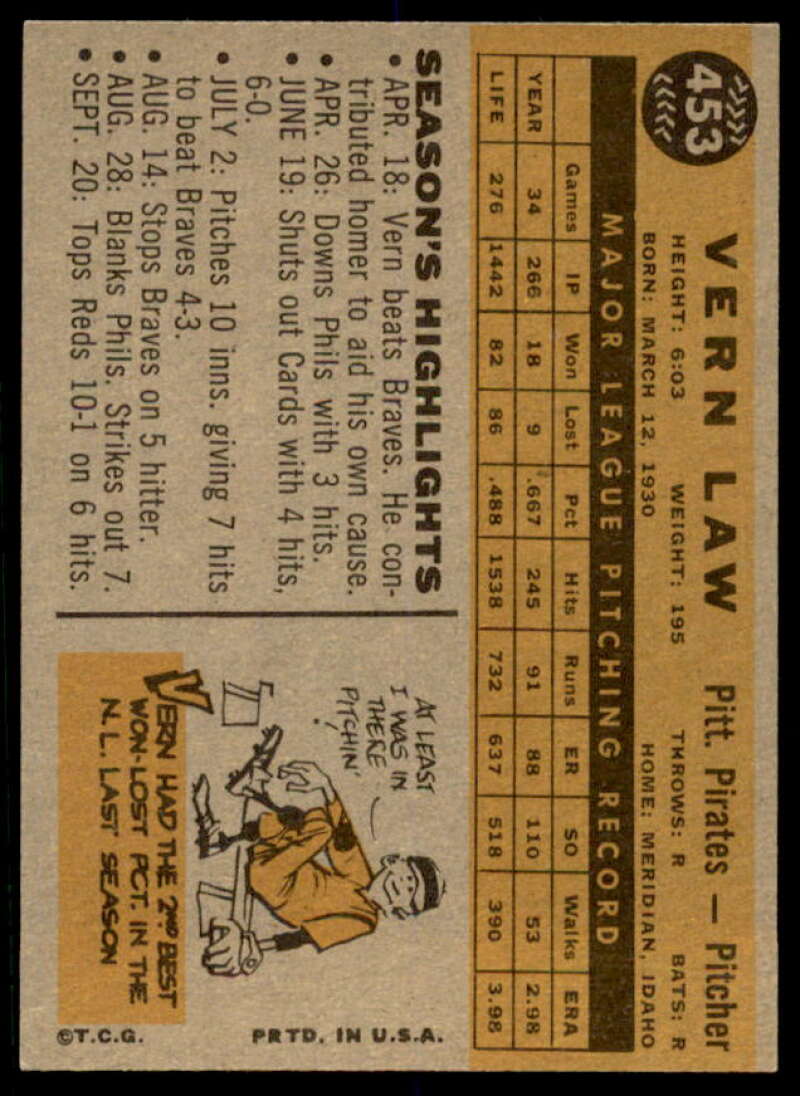 Vern Law Card 1960 Topps #453  Image 2