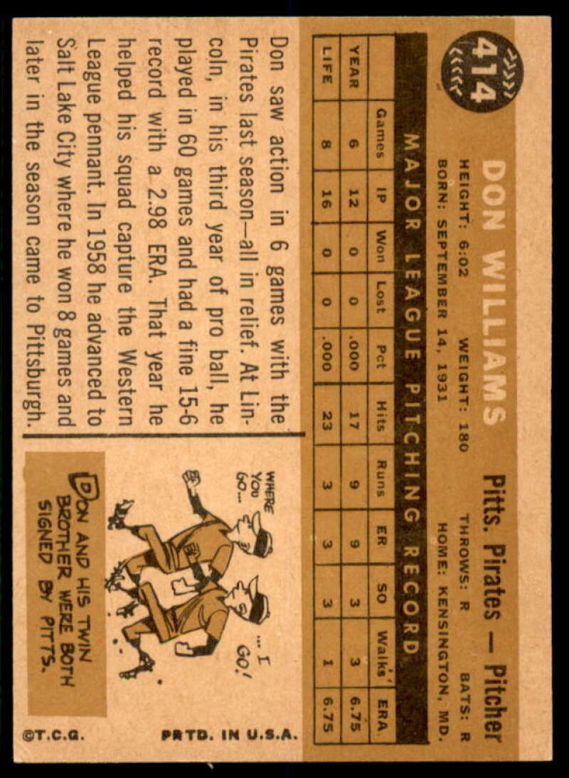 Don Williams Rookie Card 1960 Topps #414  Image 2