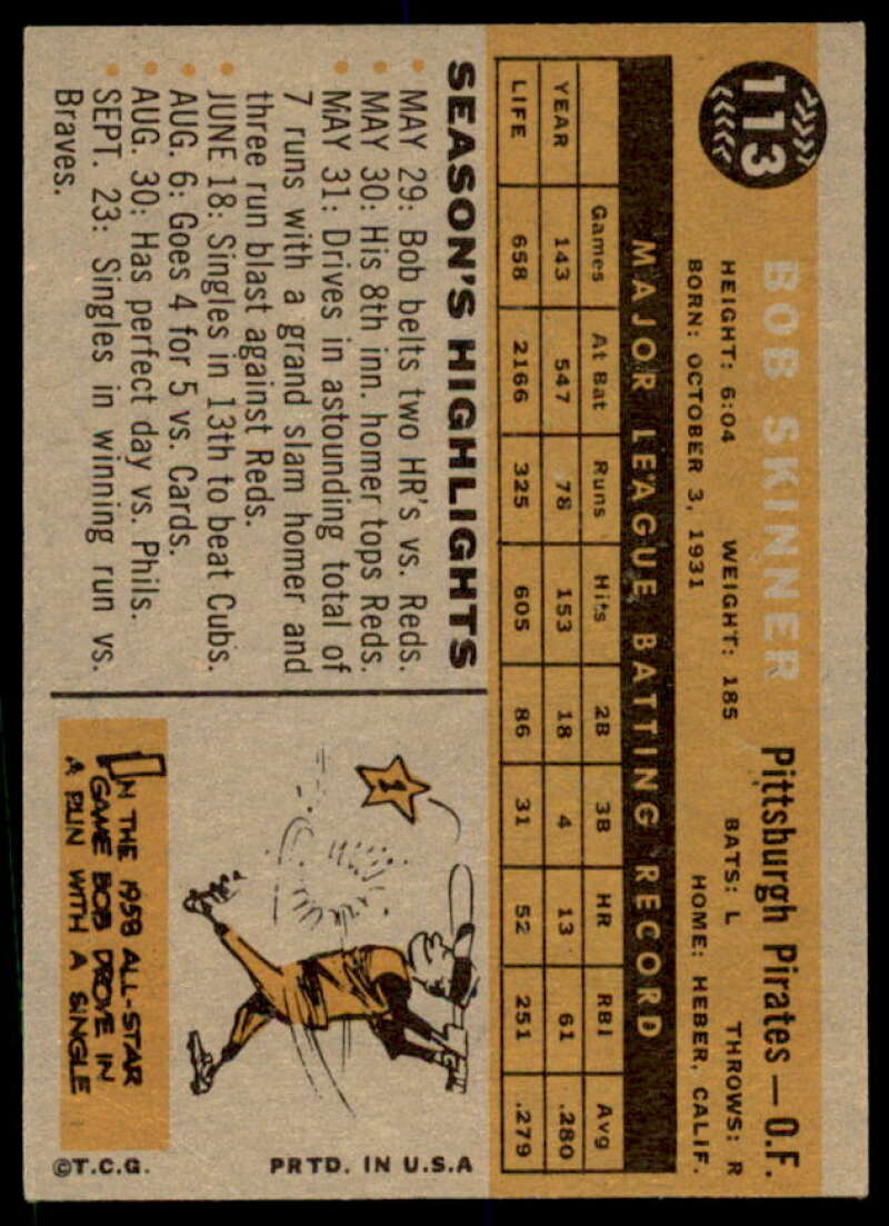 Bob Skinner Card 1960 Topps #113  Image 2
