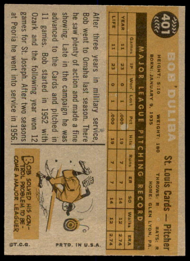 Bob Duliba Rookie Card 1960 Topps #401  Image 2