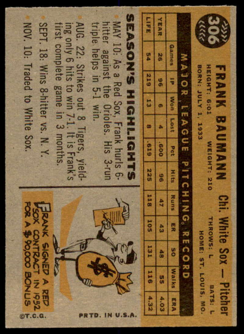 Frank Baumann Card 1960 Topps #306  Image 2