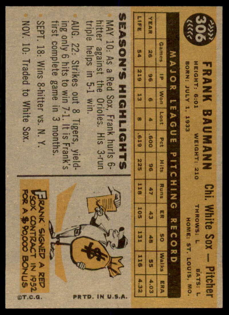 Frank Baumann Card 1960 Topps #306  Image 2
