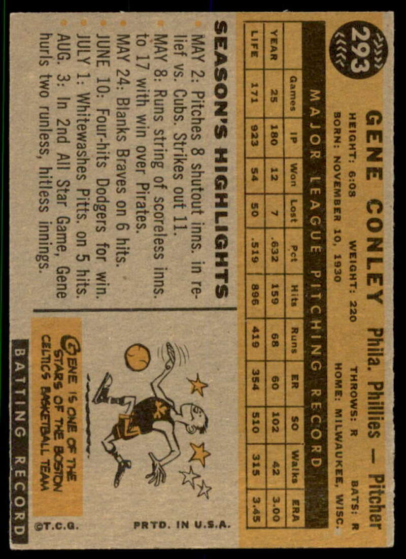 Gene Conley Card 1960 Topps #293  Image 2
