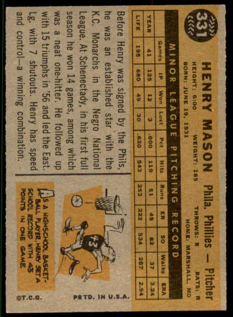 Henry Mason Rookie Card 1960 Topps #331  Image 2