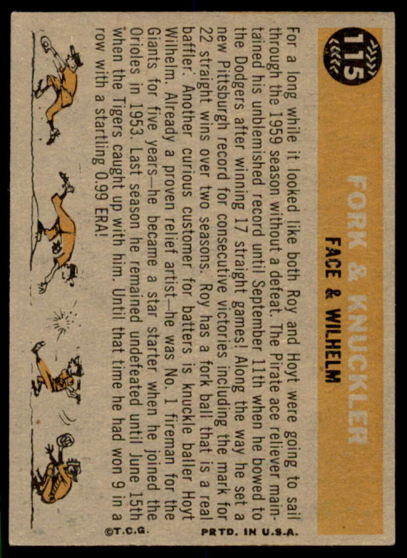 Fork and Knuckler/Roy Face/Hoyt Wilhelm Card 1960 Topps #115  Image 2