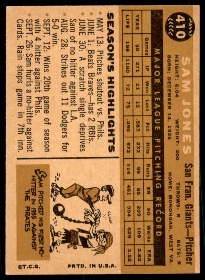 Sam Jones WB Card 1960 Topps #410A  Image 2