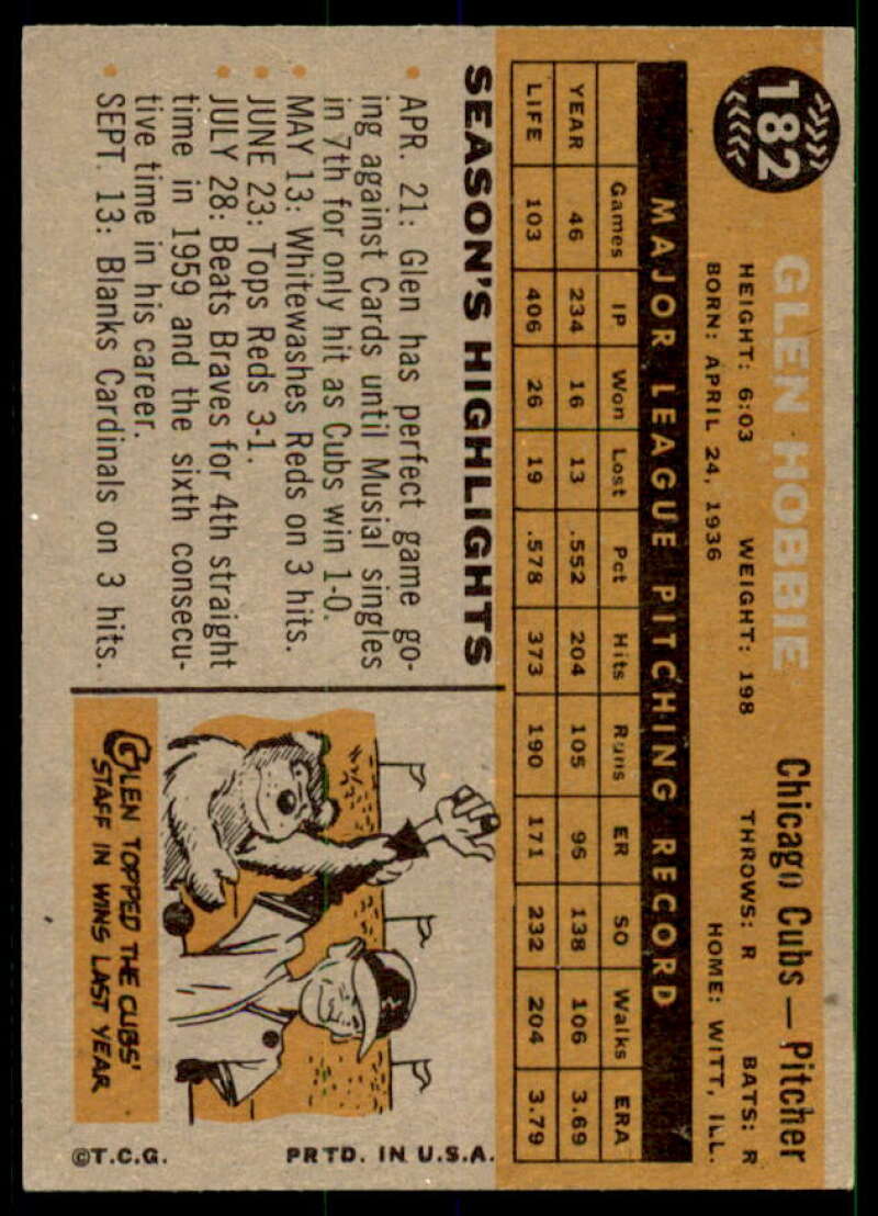 Glen Hobbie Card 1960 Topps #182  Image 2