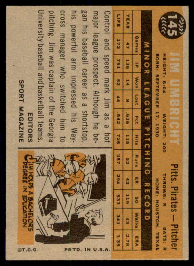 Jim Umbricht RS Rookie Card 1960 Topps #145  Image 2