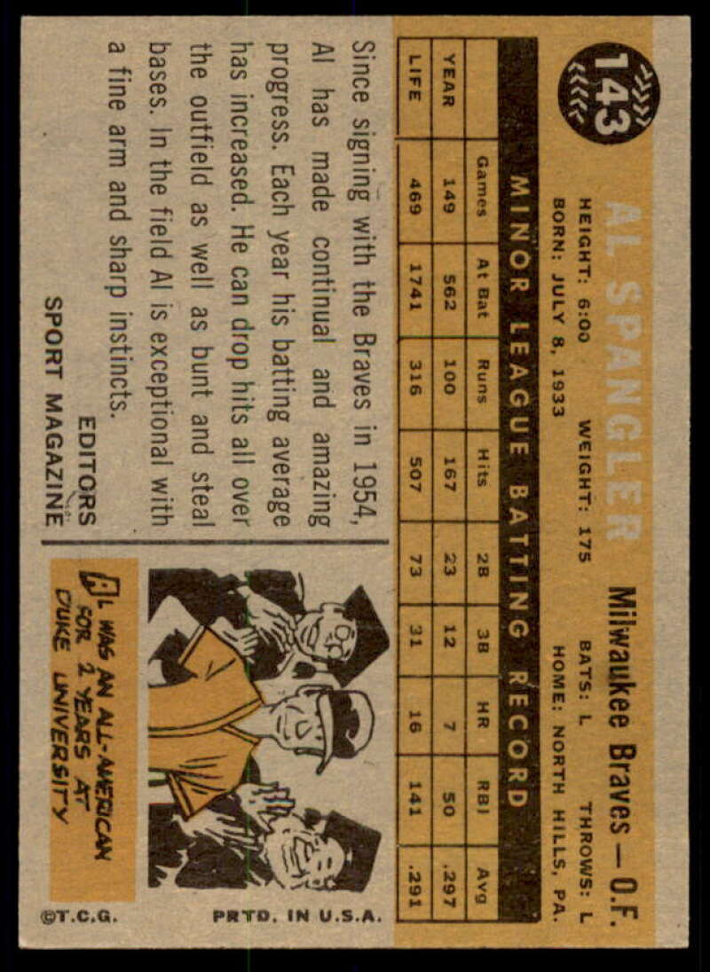 Al Spangler RS Rookie Card 1960 Topps #143  Image 2