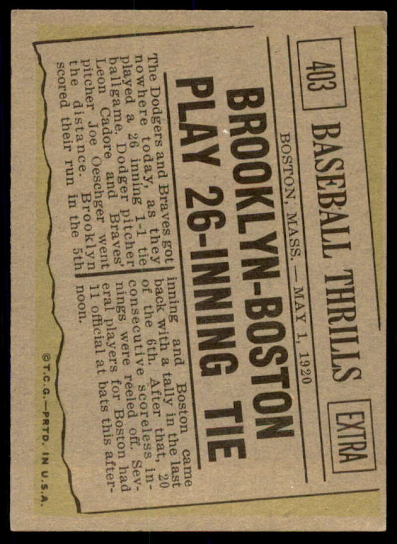 26 Inning Tire/Joe OeschgerL/Leon Cadore Card 1961 Topps #403  Image 2