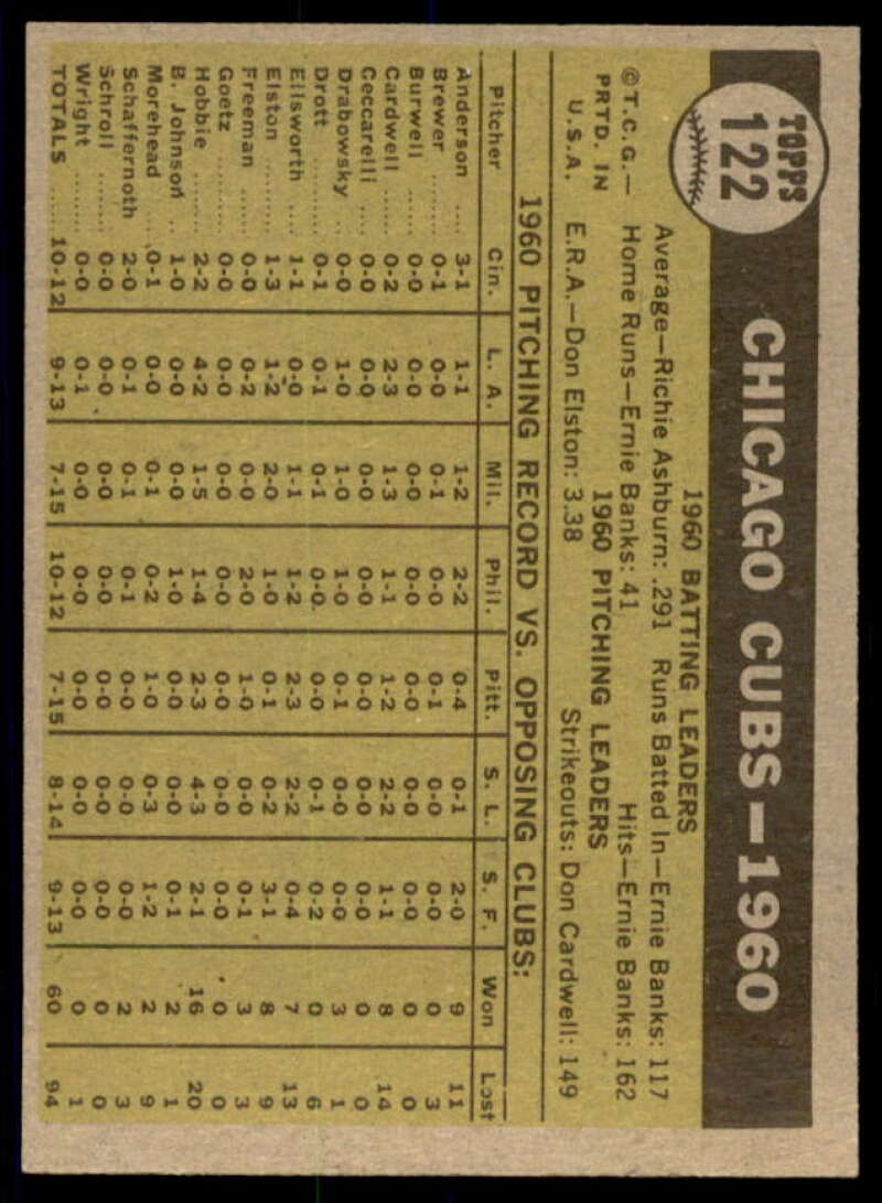 Chicago Cubs TC Card 1961 Topps #122  Image 2