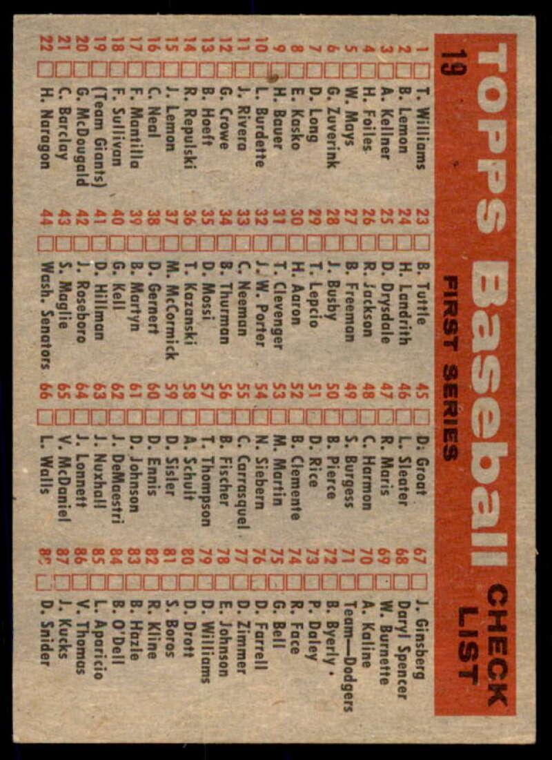 San Francisco Giants TC Card 1958 Topps #19  Image 2