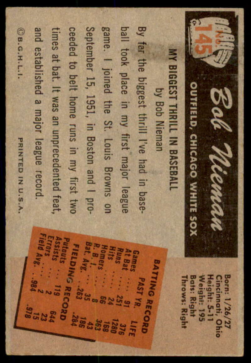 Bob Nieman Rookie Card 1955 Bowman #145  Image 2