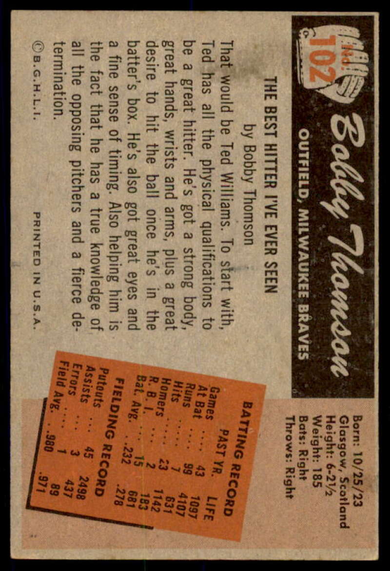 Bobby Thomson Card 1955 Bowman #102  Image 2