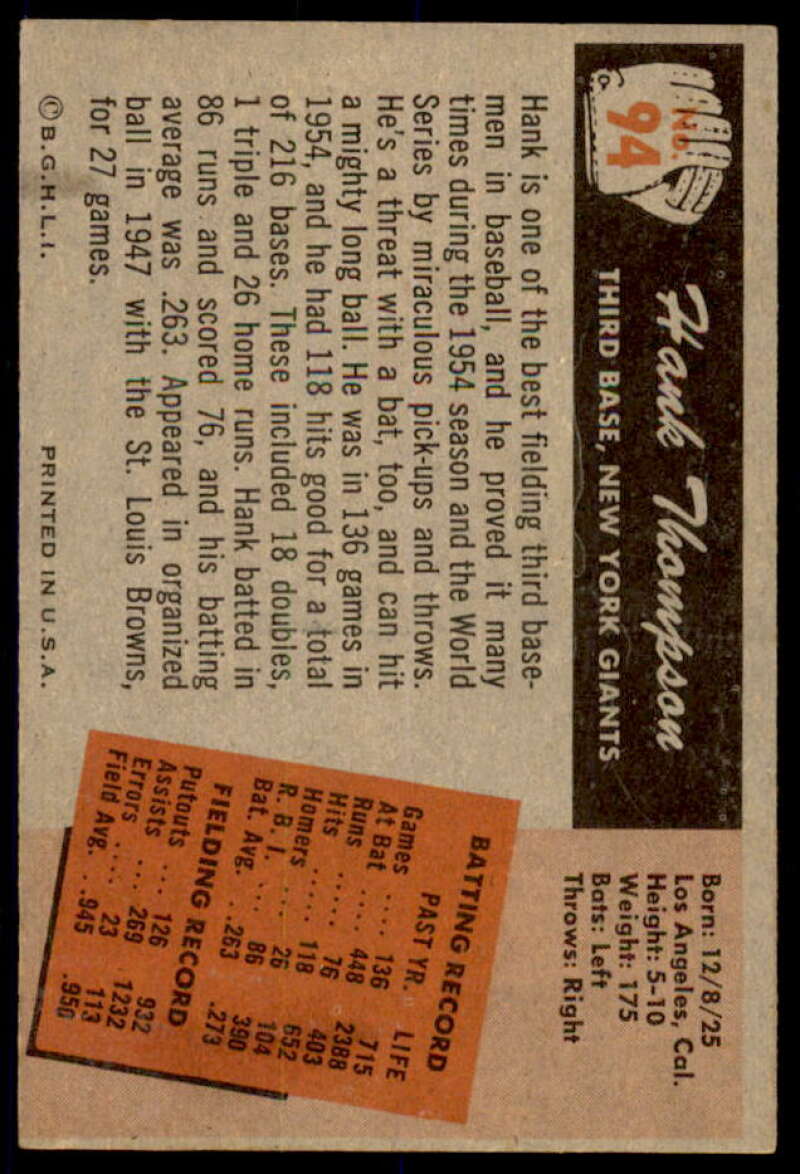 Hank Thompson Card 1955 Bowman #94  Image 2