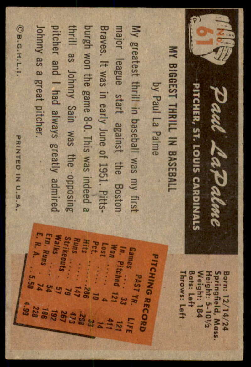 Paul LaPalme Card 1955 Bowman #61  Image 2