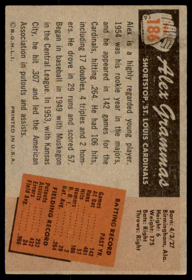 Alex Grammas Card 1955 Bowman #186  Image 2