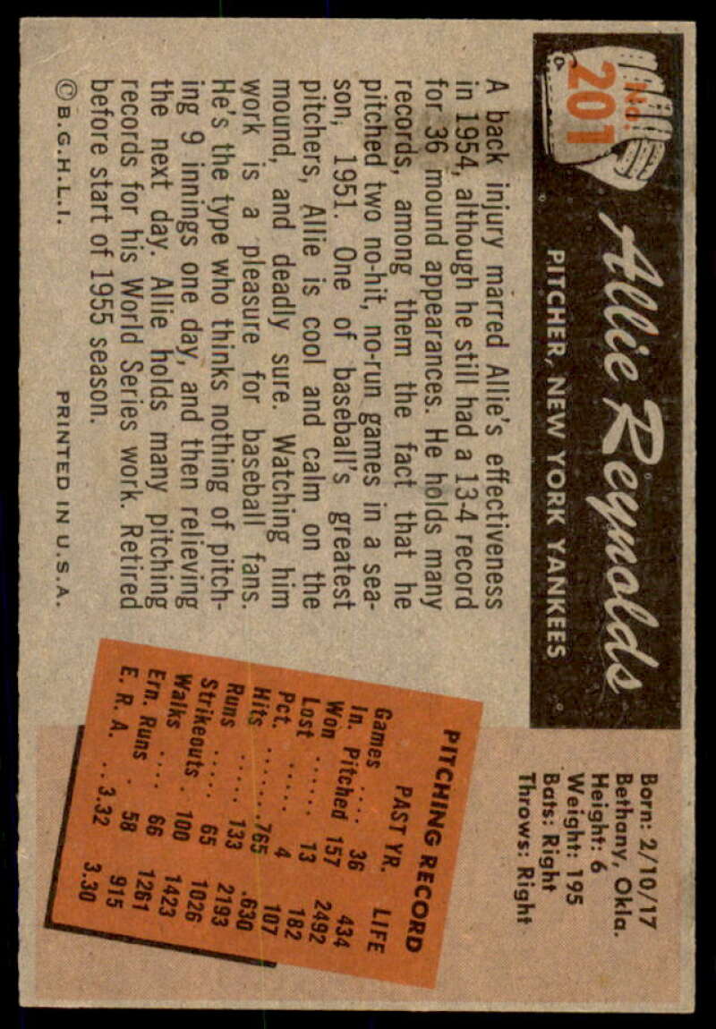 Allie Reynolds Card 1955 Bowman #201  Image 2
