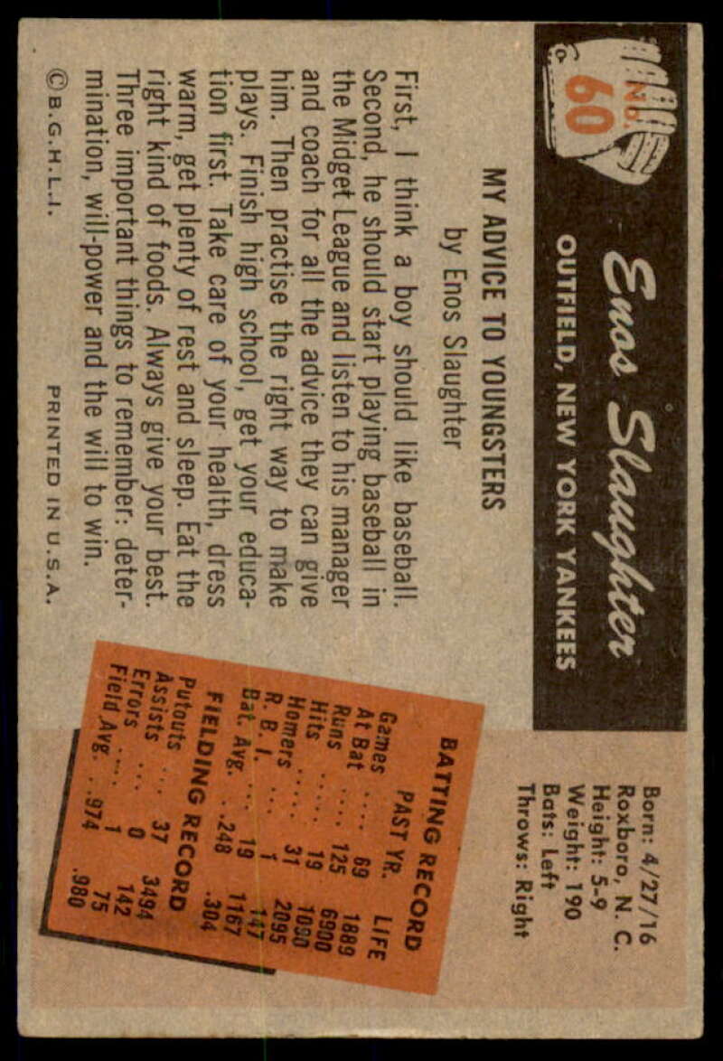 Enos Slaughter Card 1955 Bowman #60  Image 2