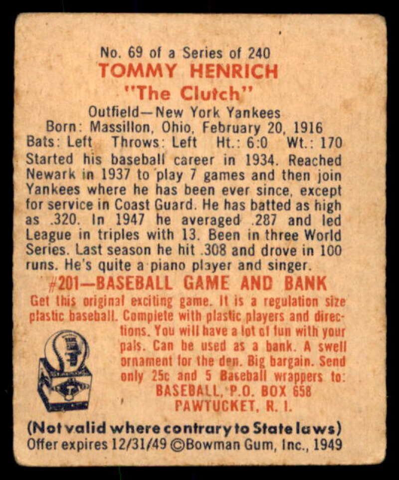 Tommy Henrich Card 1949 Bowman #69  Image 2