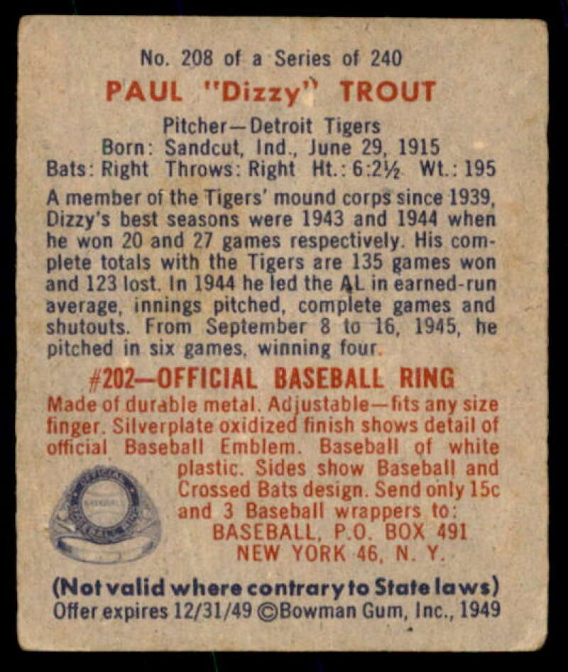 Dizzy Trout Card 1949 Bowman #208  Image 2