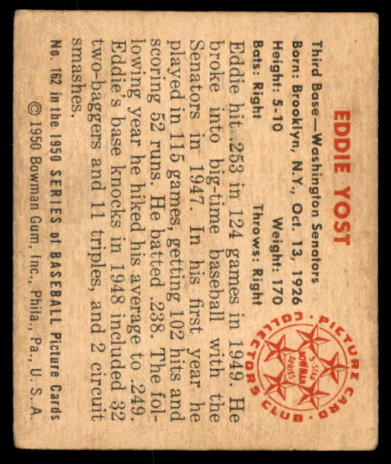 Eddie Yost Card 1950 Bowman #162  Image 2