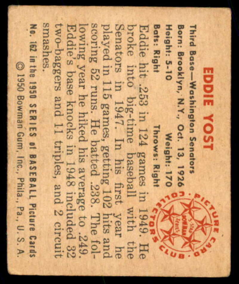 Eddie Yost Card 1950 Bowman #162  Image 2