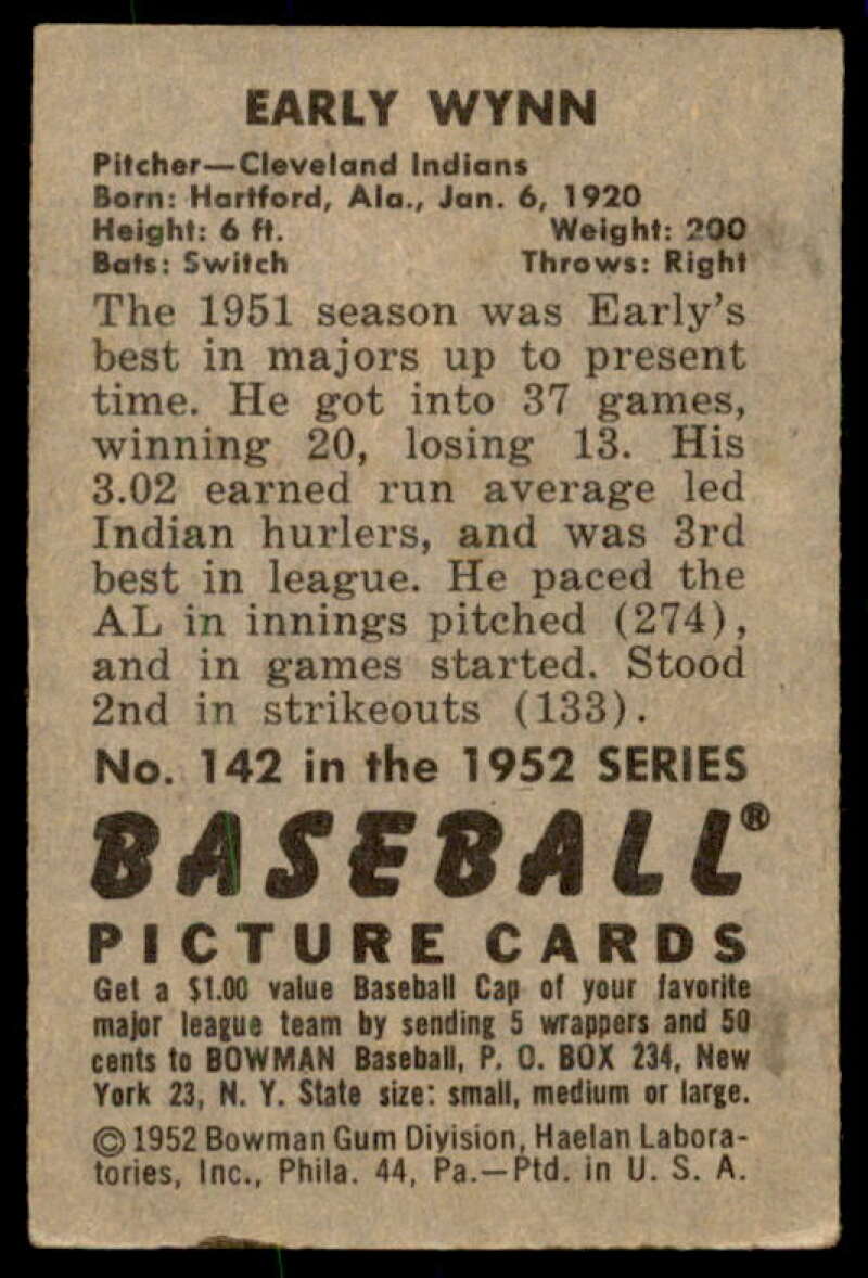 Early Wynn Card 1952 Bowman #142  Image 2